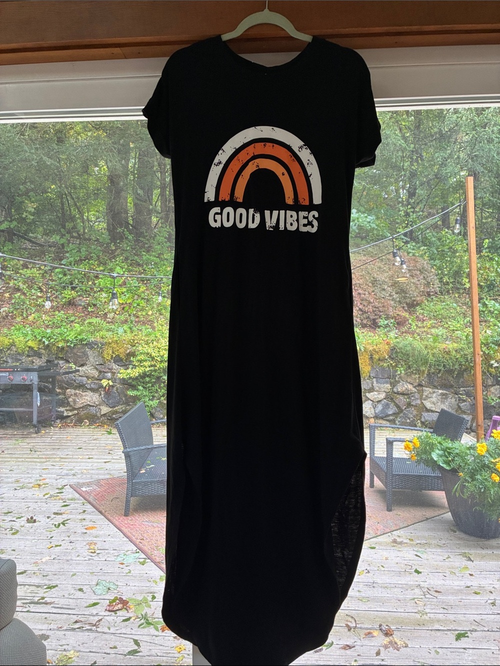 Good Vibes Black Dress with Retro Rainbow Graphic